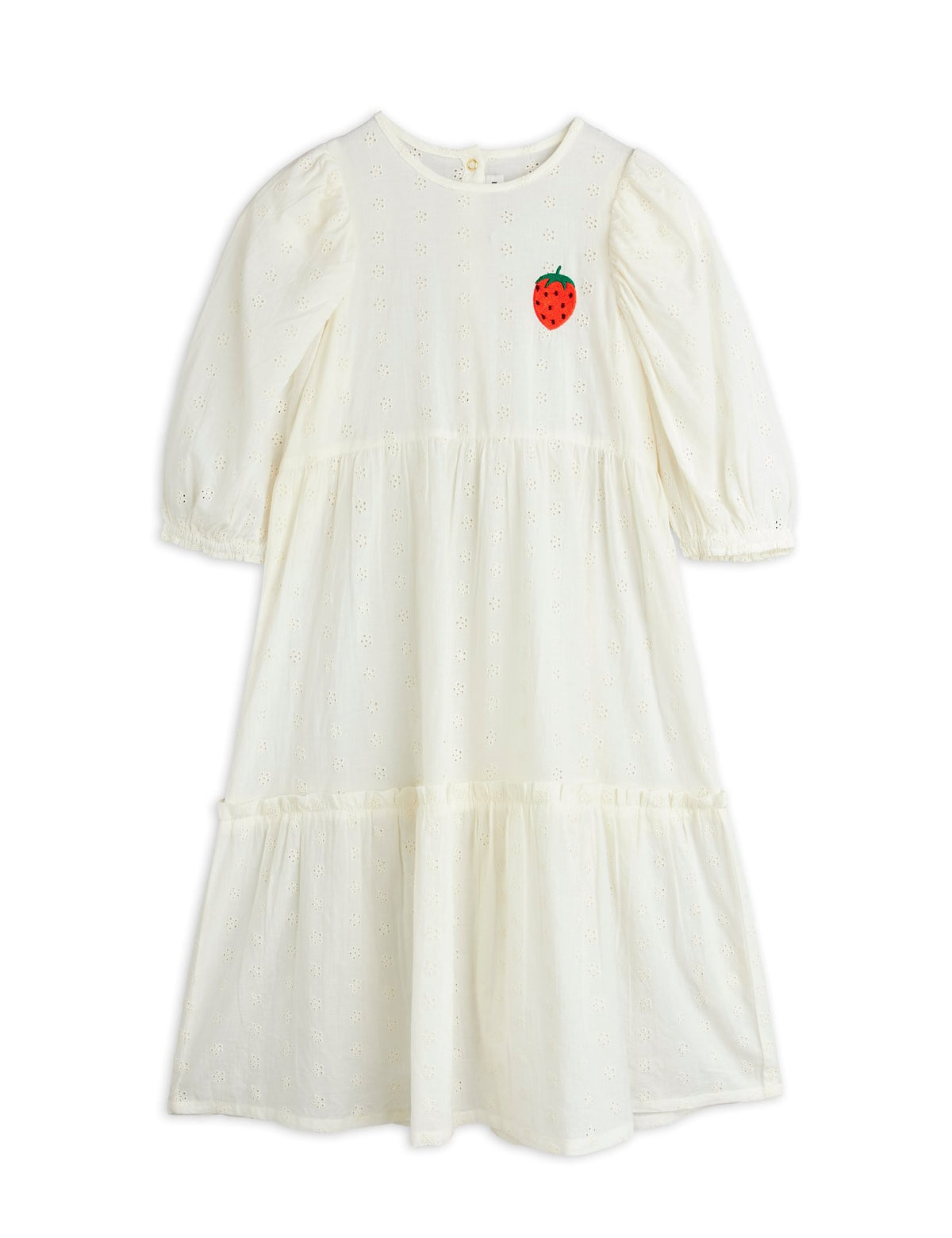 【MINI RODINI ミニロディーニ】Strawberry emb schiffli woven puff sleeve dress