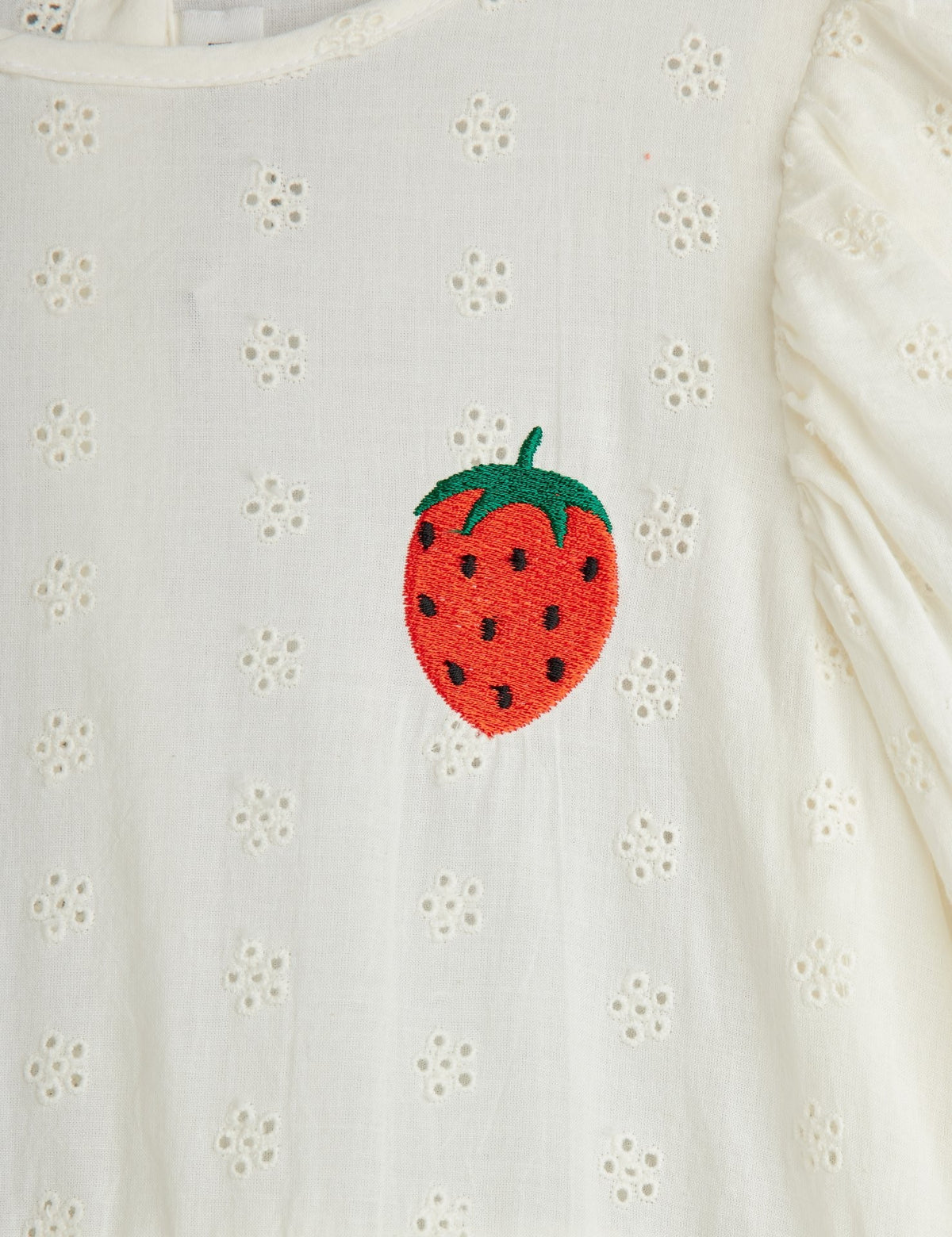 【MINI RODINI ミニロディーニ】Strawberry emb schiffli woven puff sleeve dress
